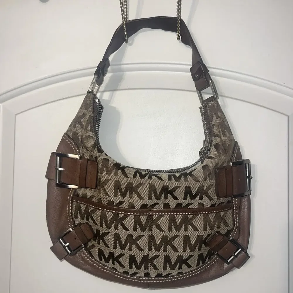 Michael Kors Vintage Khaki Signature Jacquard Hobo Cognac Leather Shoulder Bag